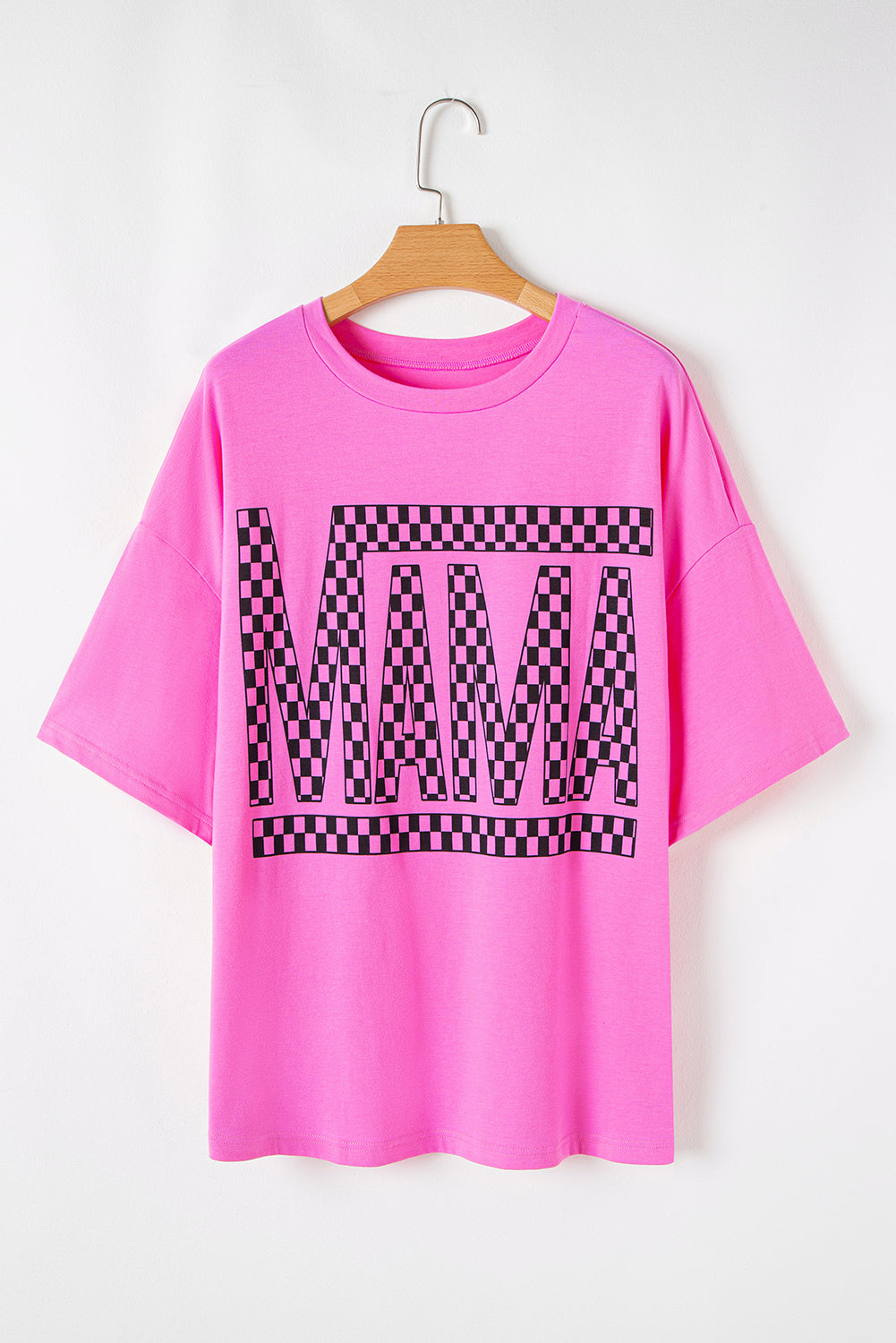 Bright Pink Checkered MAMA Letter Print Plus Size T Shirt