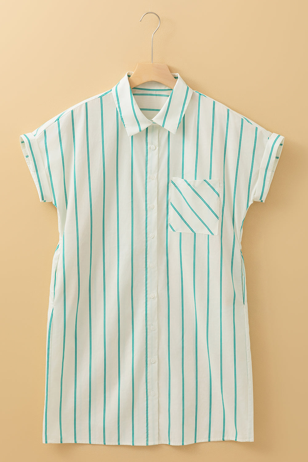 Mint Green Striped Pocket Short Sleeve Mini Dress