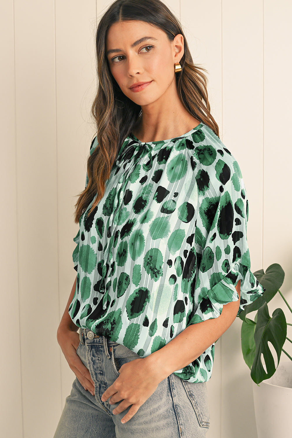 Résumé Green Ruffle imprimer 3/4 Blouse de cou à manches