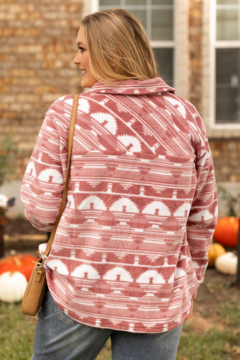 Pink Plus Size Geometric Print Chest Pocket Shacket