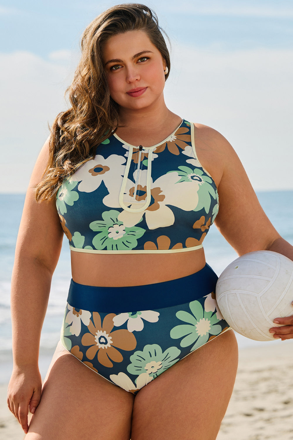 Green Floral Print Zipped Plus Size Two Pieces Bikini