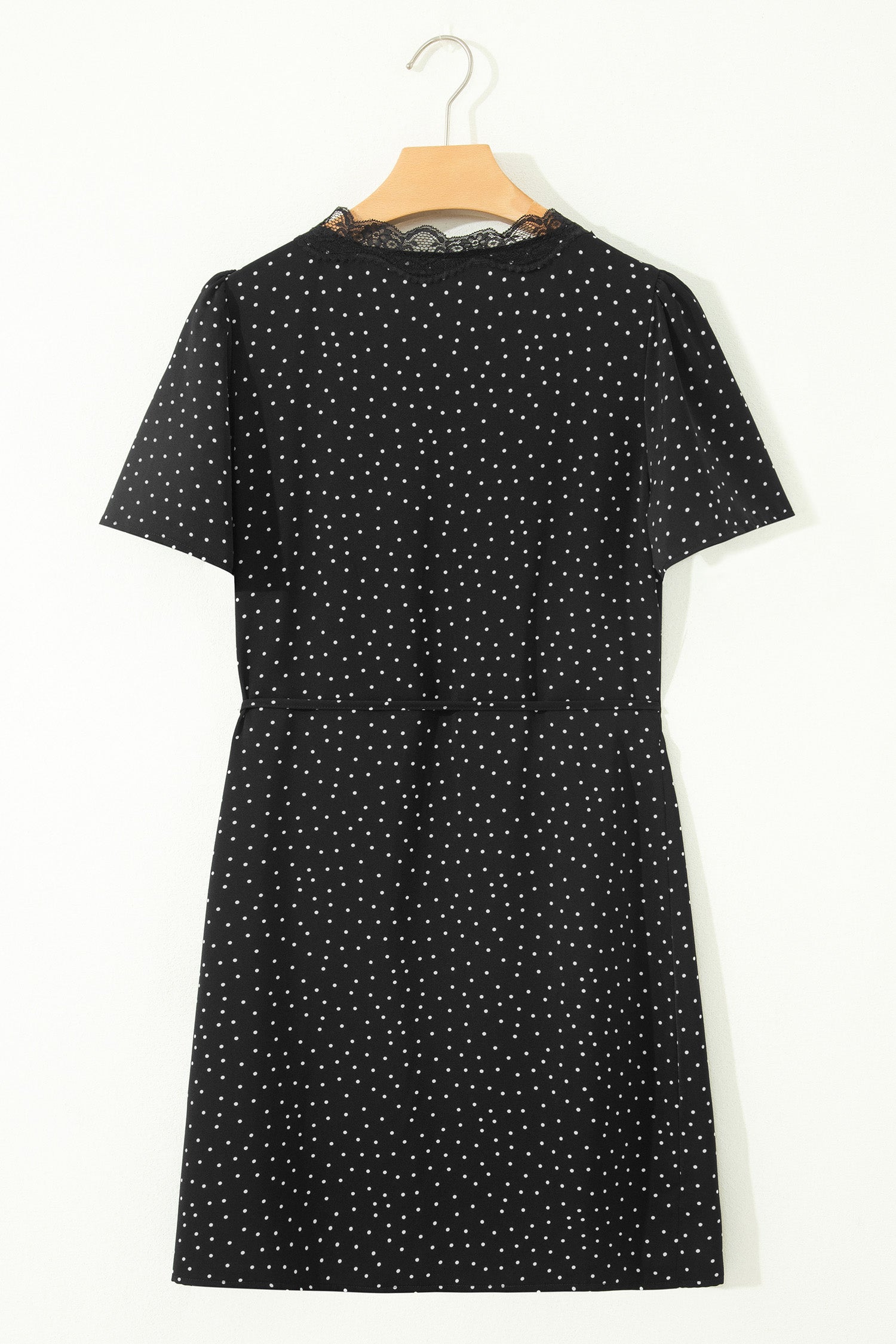 Black Polka Dot Print Lace Trim Wrap Mini Dress