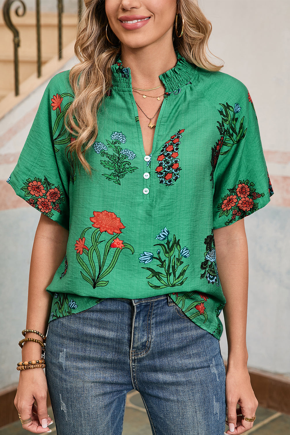 Bright Green Floral Button V-Neck Blouse