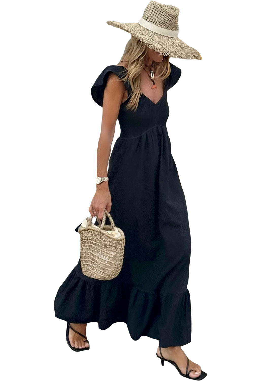 Black en V couche de couche à manche de corsage smoké Robe maxi