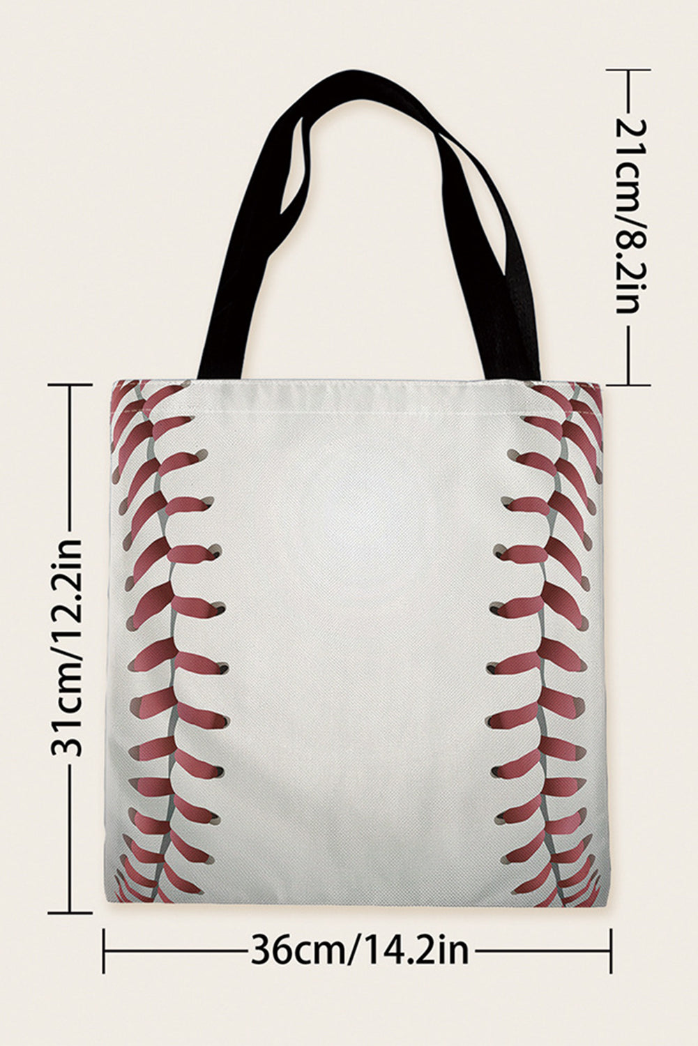 Weiße Einkaufstasche aus Canvas mit Baseball-Aufdruck, 34 x 2 x 31 cm