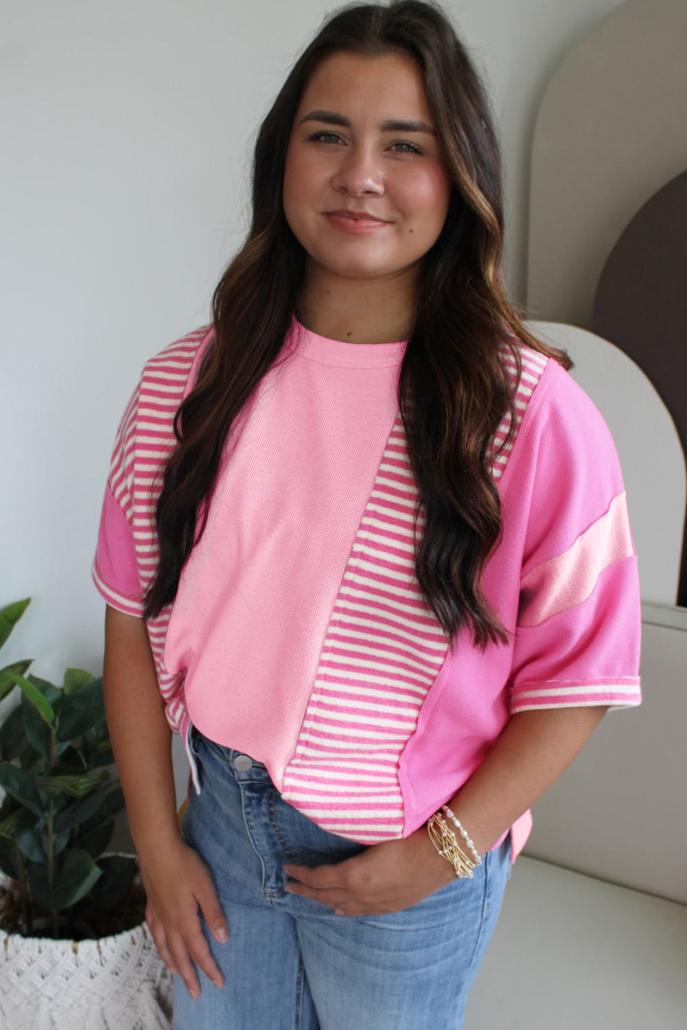 Pink Stripe Waffle Patchwork Plus Size T-Shirt