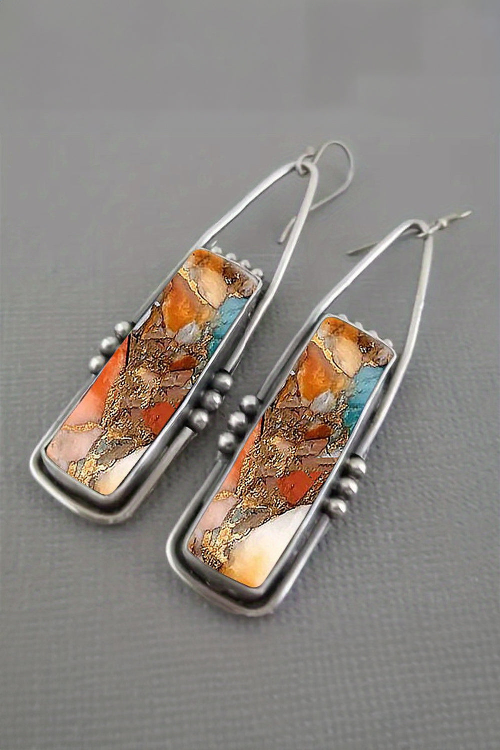 Silvery Retro Rectangle Stone Inlay Dangle Earrings for Elegance