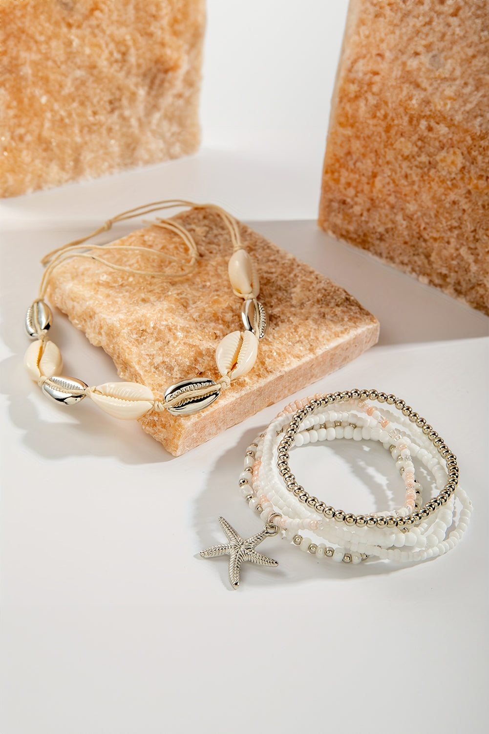 White 7pcs Starfish Seashell Beaded Bracelet Set for Women