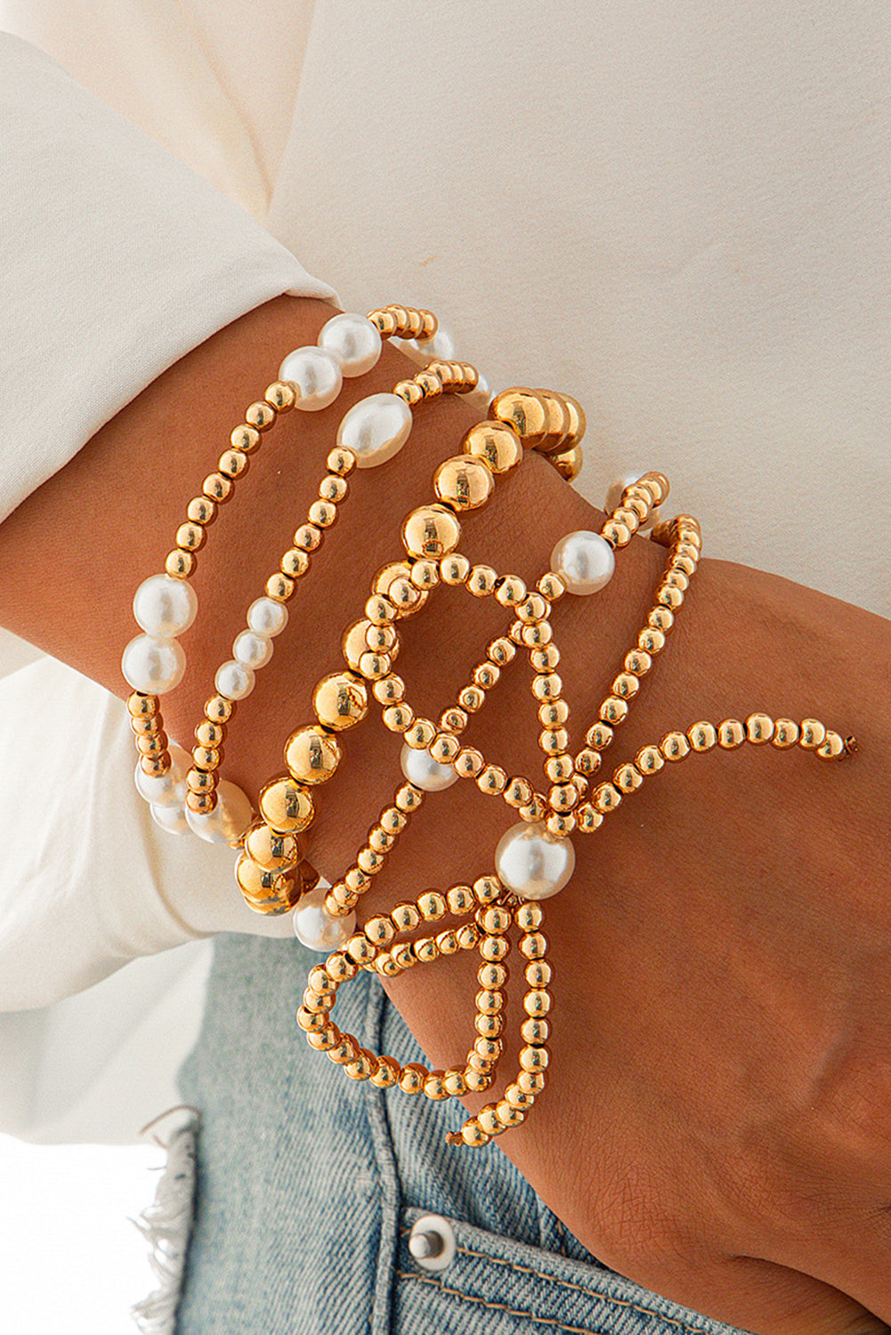 Gold Bow Knot Pearl Beaded Multi Layered Bracelet Set Elegance