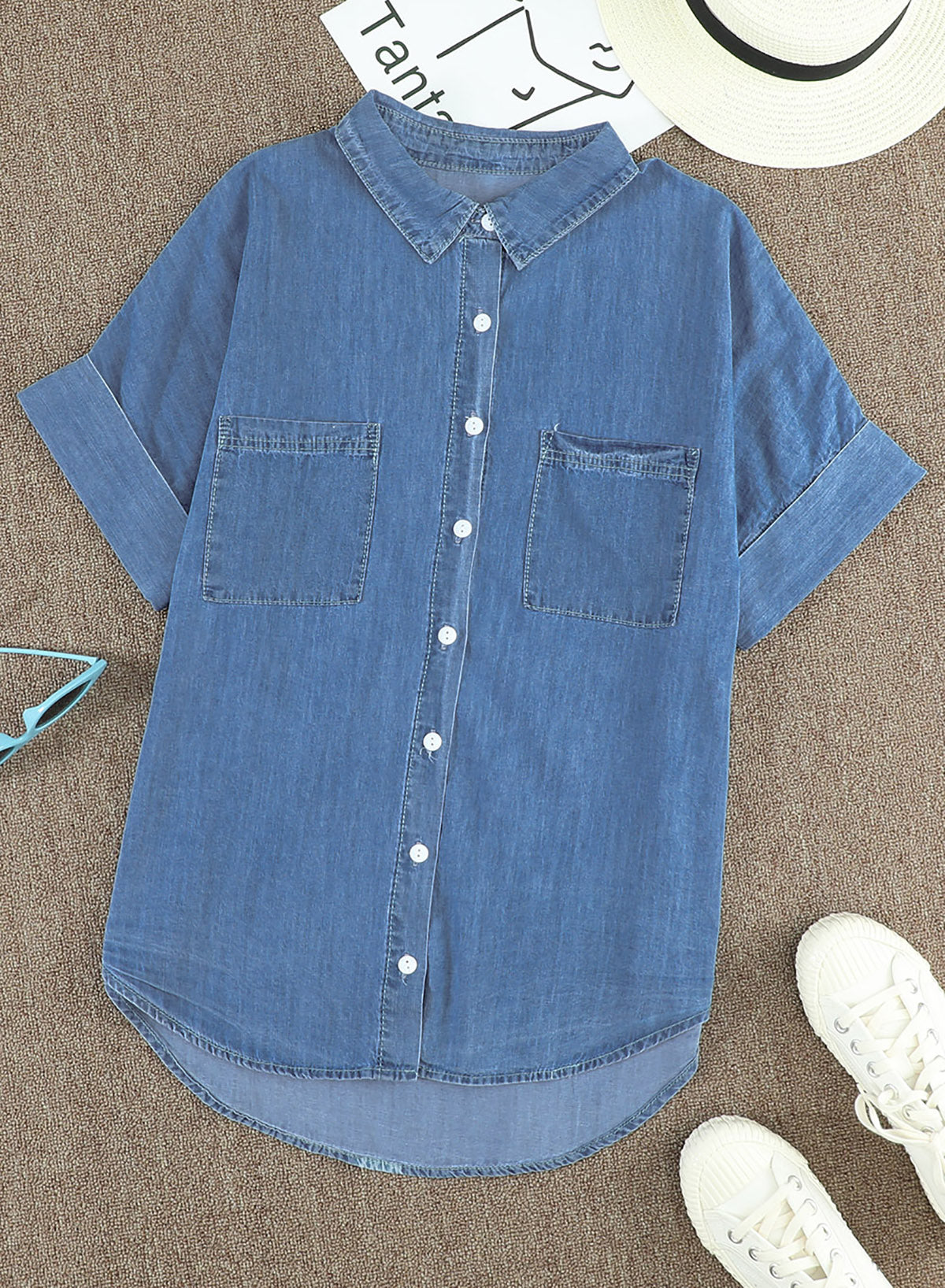 Blue Turn-down Collar Short Sleeve Denim Shirt
