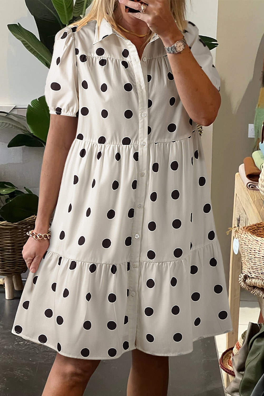 Charming White Polka Dot Tiered Babydoll Dress with Short Sleeves and Button Front