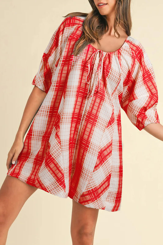 Chic Red Plaid Mini Dress with Tie Neck and Half Sleeves