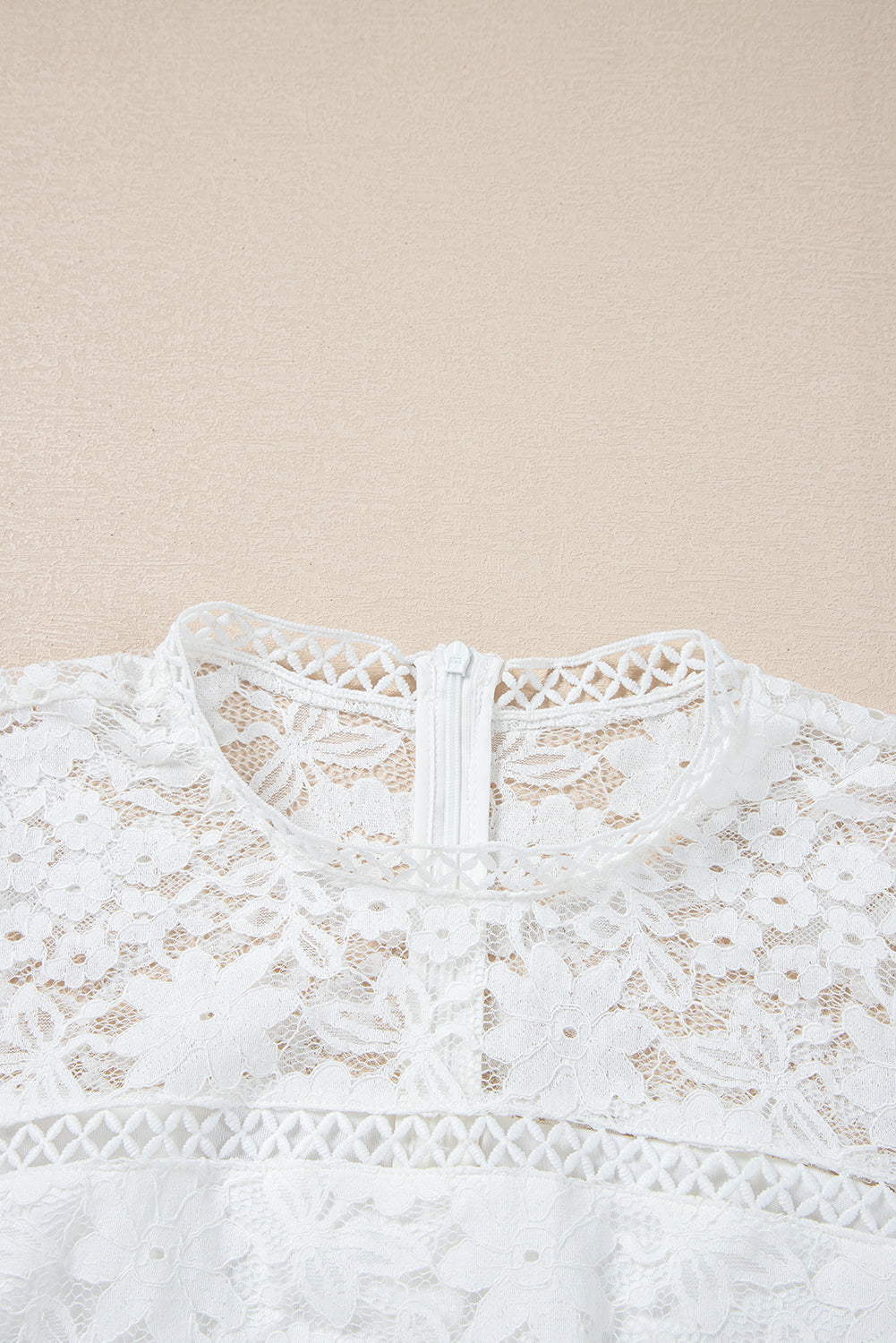 Elegant White Floral Lace Peplum Blouse with Scalloped Sleeves