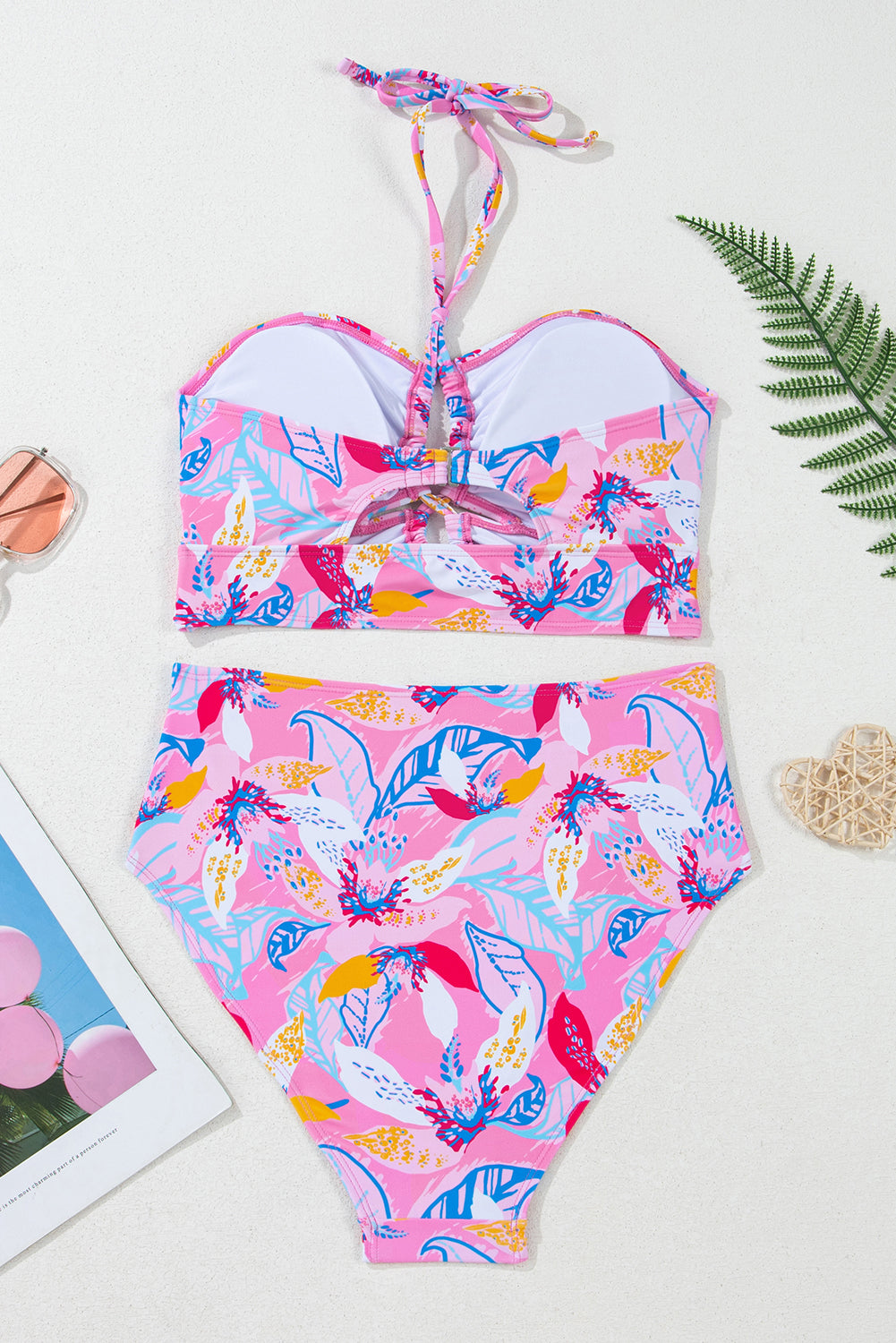 Rosa Neckholder-Bikini mit hoher Taille und Blumenmuster