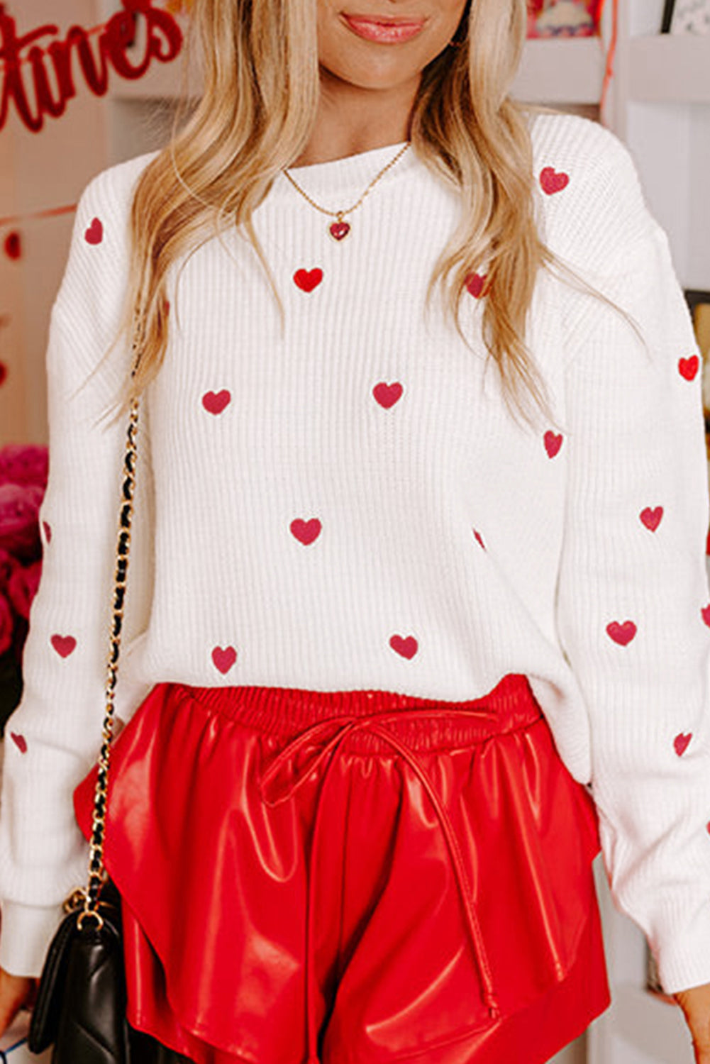 Rose Red Heart Pattern Drop Shoulder Round Neck Sweater