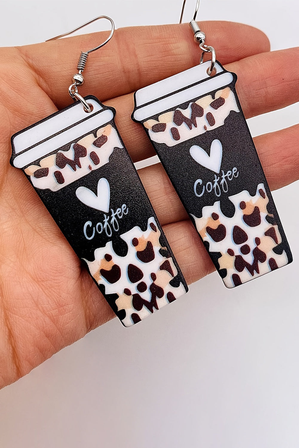 Black Leopard Coffee Print Beverage Cup Shape Earrings Trendy