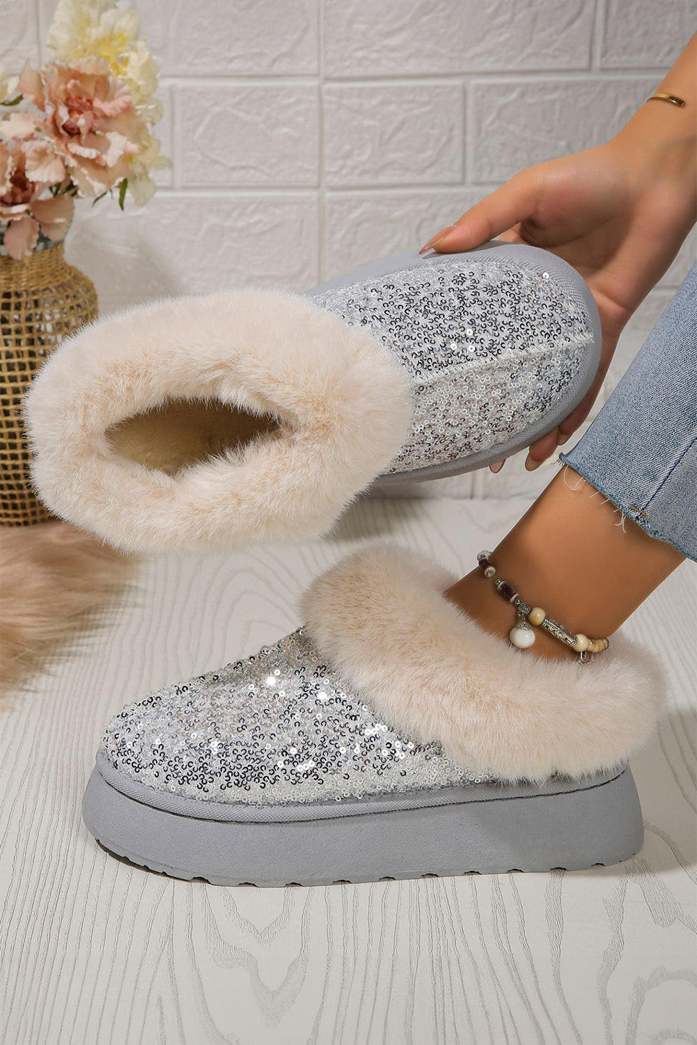 Paillettes dorées en peluche épais bottes de neige à semelle