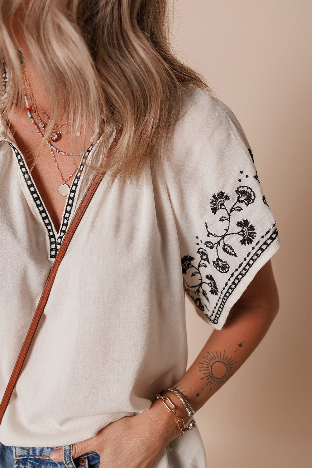 Embroidered White Cotton V Neck Blouse with Short Sleeves