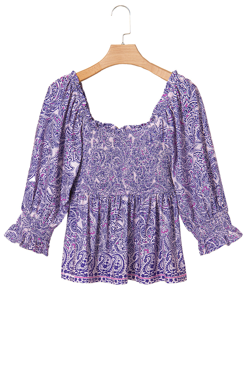 Lila Boho-Bluse mit halblangen Ärmeln und gerafftem Schößchen im Paisley-Print