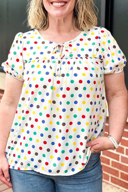 Apricot Plus Size Colorful Polka Dots Tie Neck Puff Sleeve Blouse