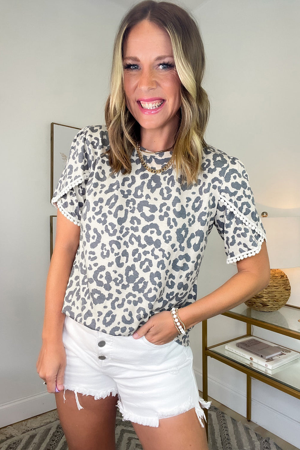 Beige Leopard Lace Trim Tulip Sleeve Top