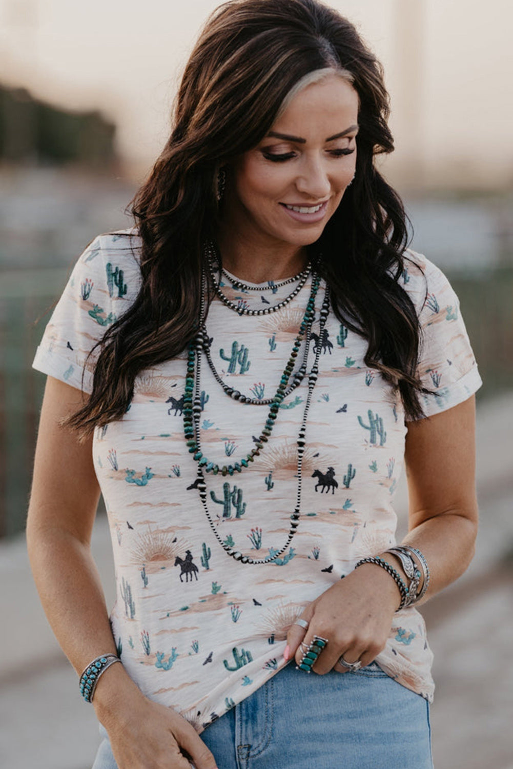 Beige Western Cactus Graphic Crew Neck Tee