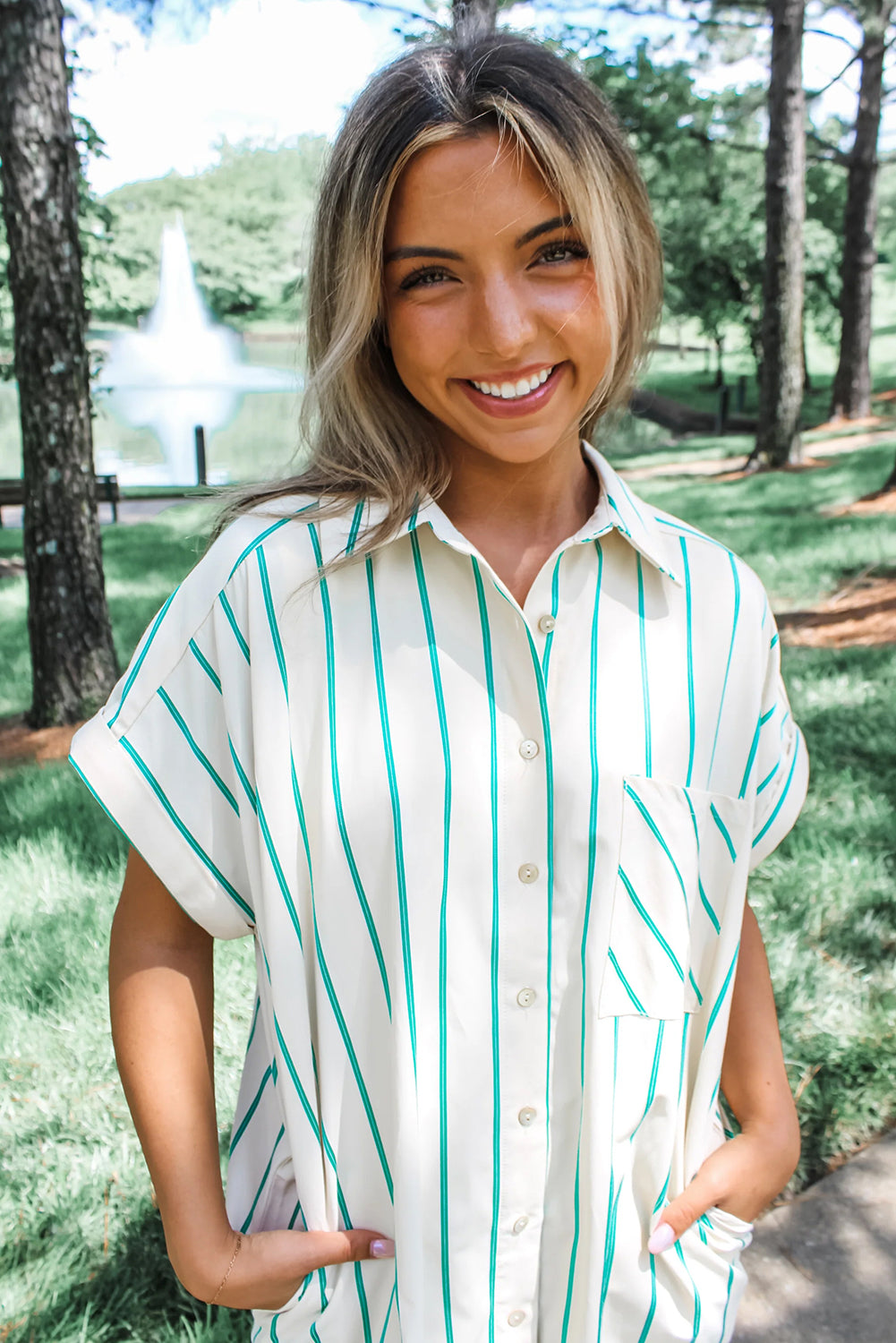 Mint Green Striped Pocket Short Sleeve Mini Dress