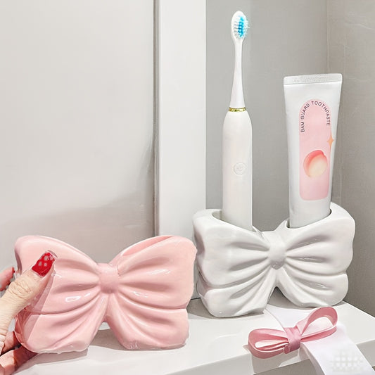 Charming Bowknot Ceramic Toothbrush Holder - Portable, No-Drill Bathroom Organizer for Toothbrushes & Toothpaste, for Return School