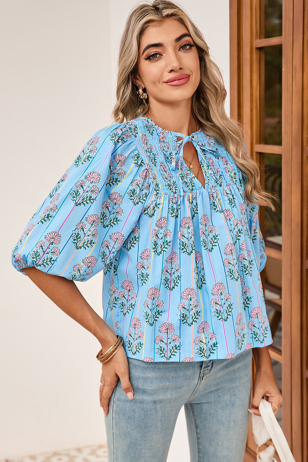 Sky Blue Floral Striped Smocked V BLOUSE