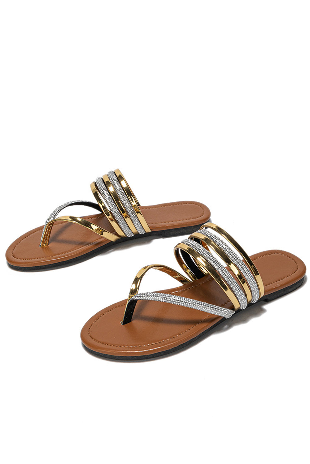 Goldfarbene, glänzende Zehentrenner-Sandalen mit Zehensteg