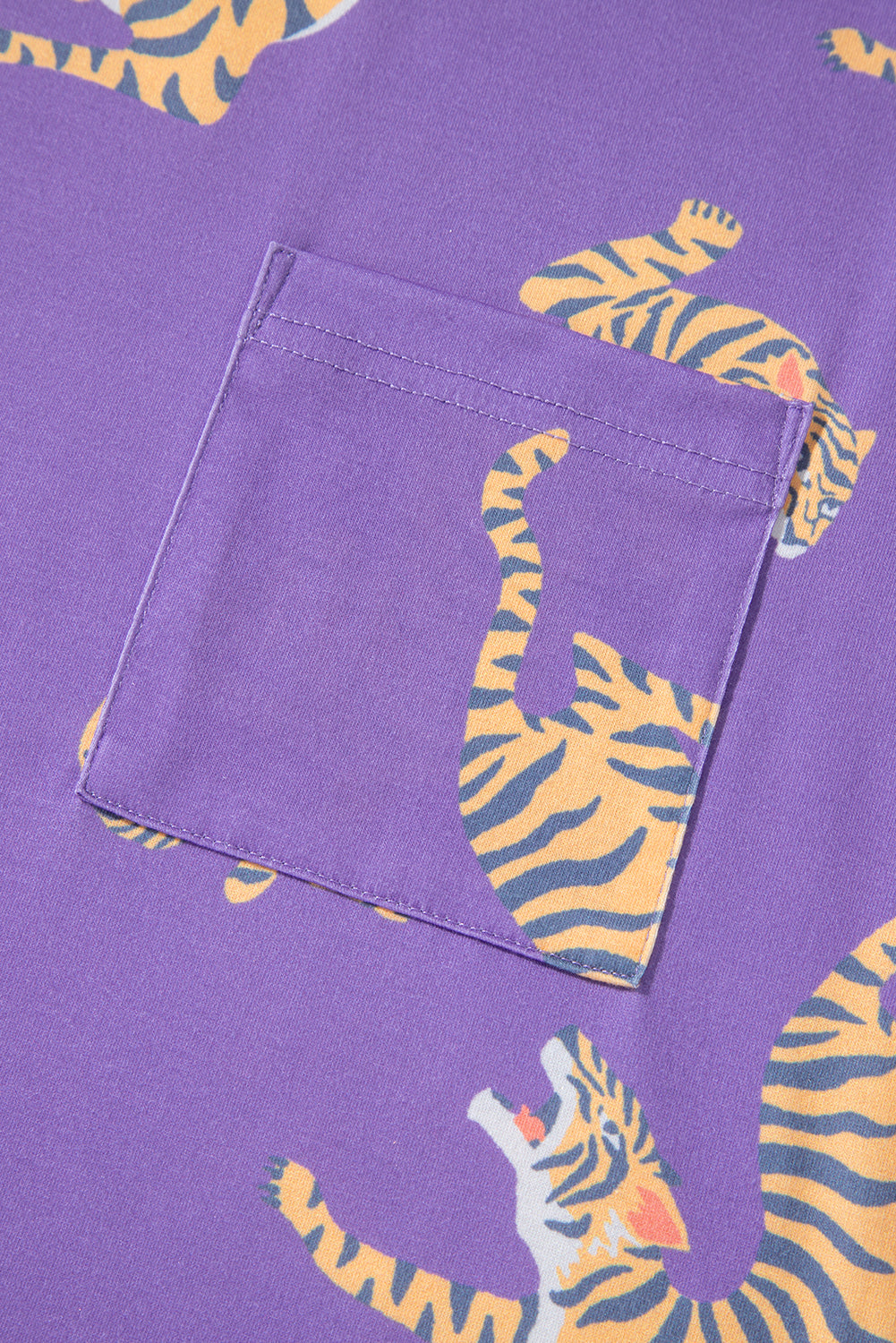 Purple Allover Tiger Print Patch Pocket Loose T Shirt