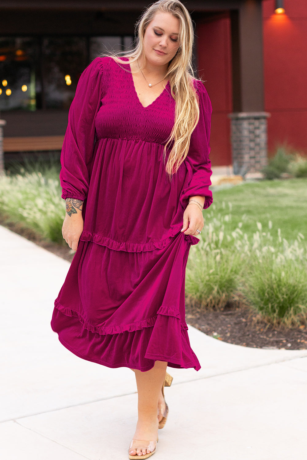 Elegant Rose Red Plus Size Velvet Maxi Dress with Smocked V Neck and Tiered Ruffles