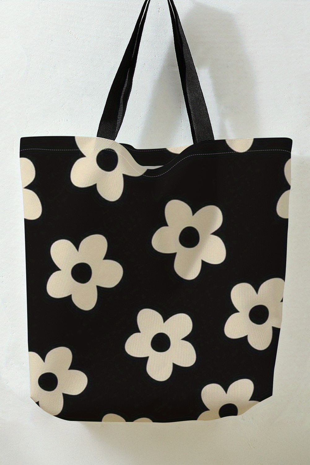 Black Flower Print Canvas Large Capacity Shoulder Bag