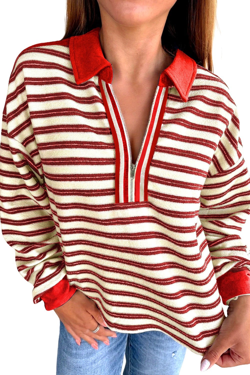 Racing Red Pop of Color V Neck Striped Long Sleeve Top
