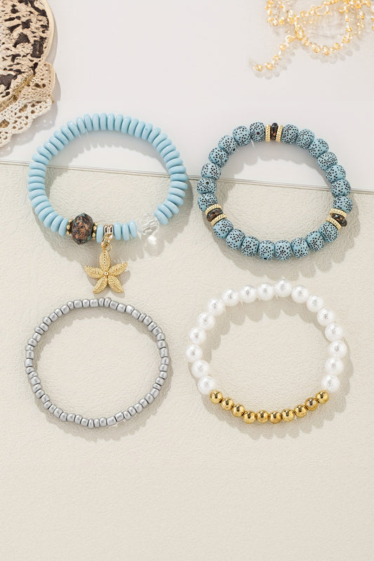 Light Blue 4pcs Starfish Pendant Beaded Bracelet Set for Beach Style