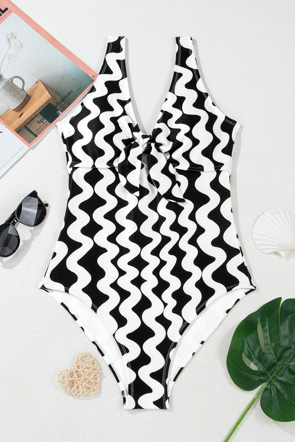 Black Wave Striped Knot V cou Backless One Piece Swimsuit