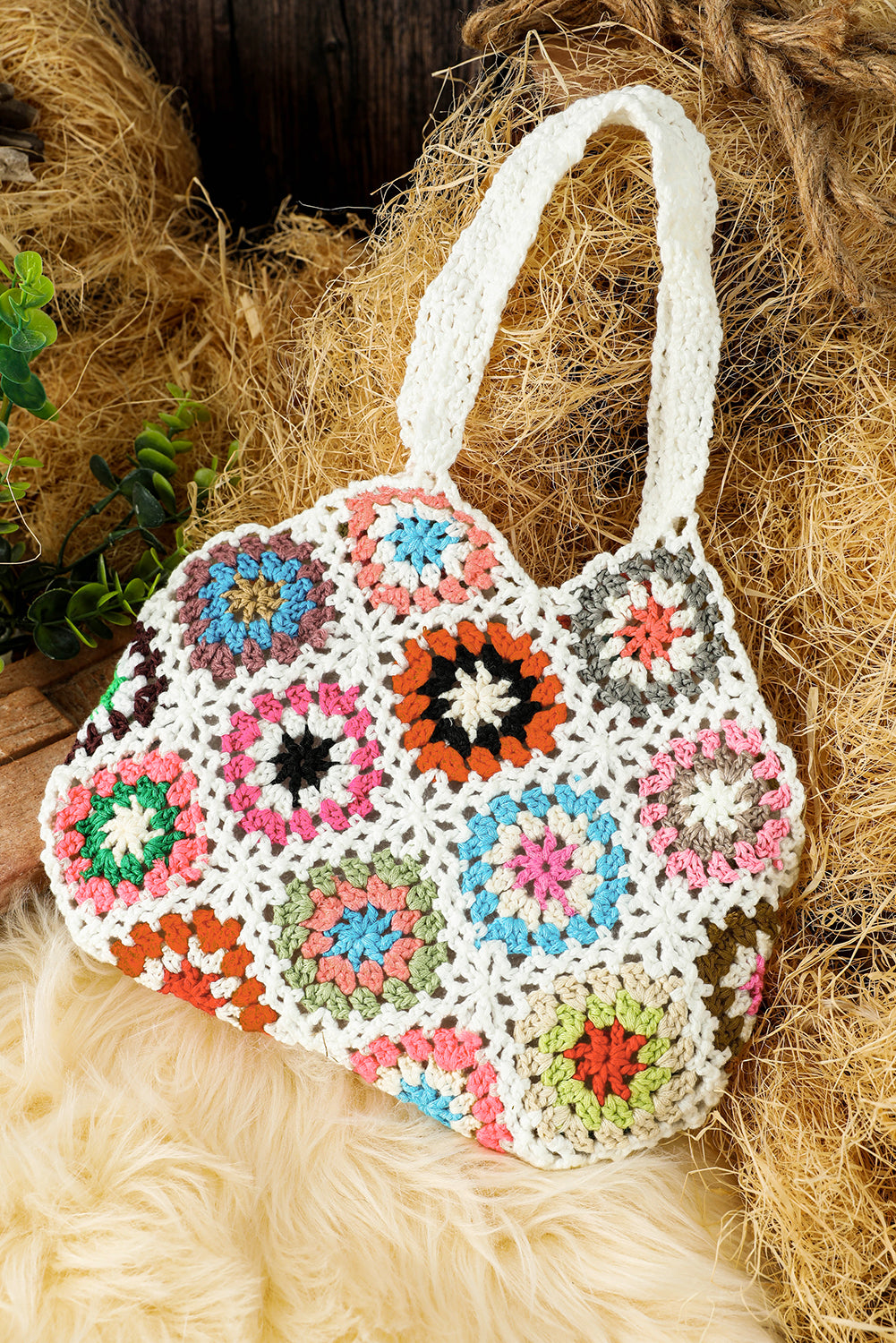 Sac fourre-tout blanc rétro au crochet floral blanc