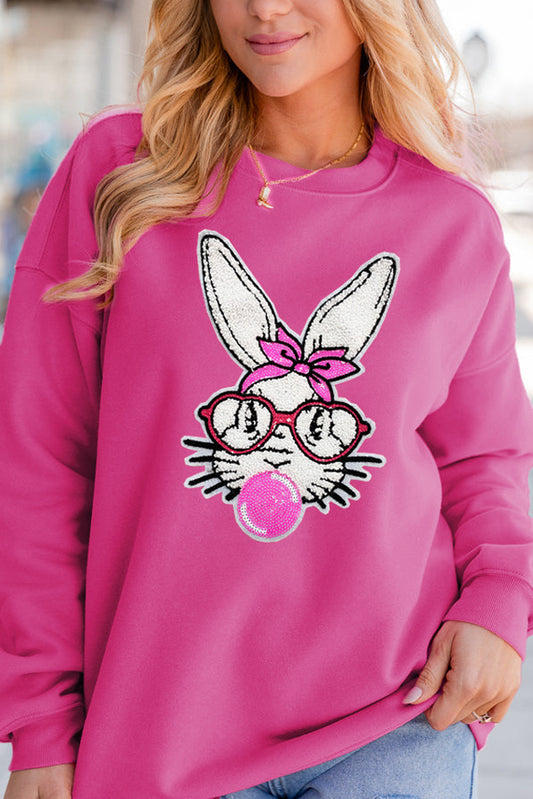 Bonbon Sweatshirt mit überschnittener Schulter und Bubble Gum Rabbit-Pailletten-Grafik