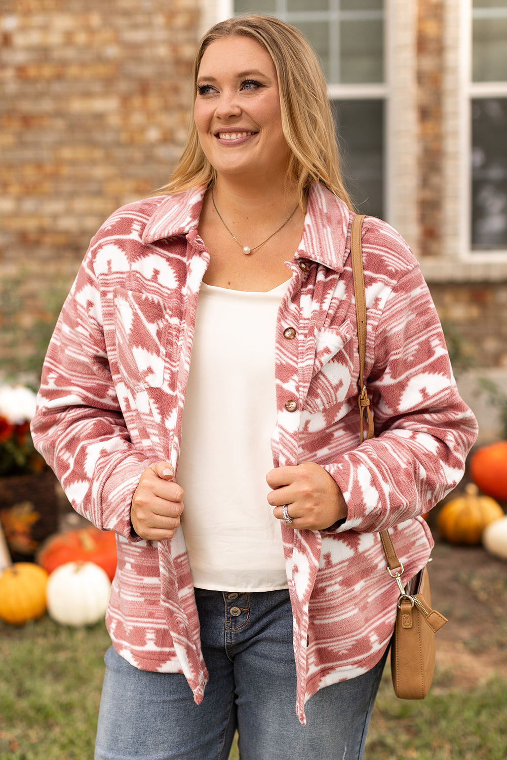 Pink Plus Size Geometric Print Chest Pocket Shacket