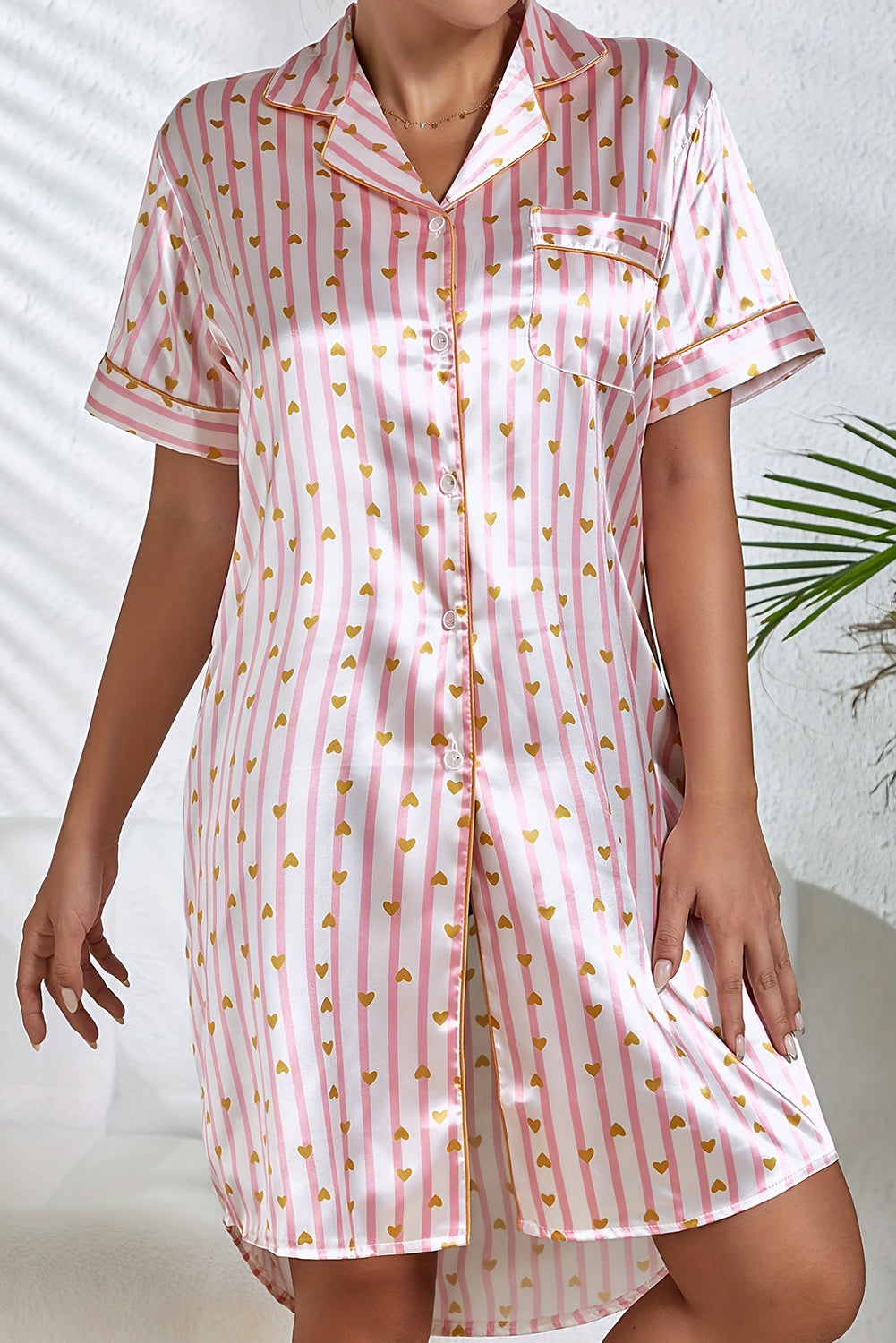 Sweetheart Striped Button-Up Pajama Dress with Short Sleeves