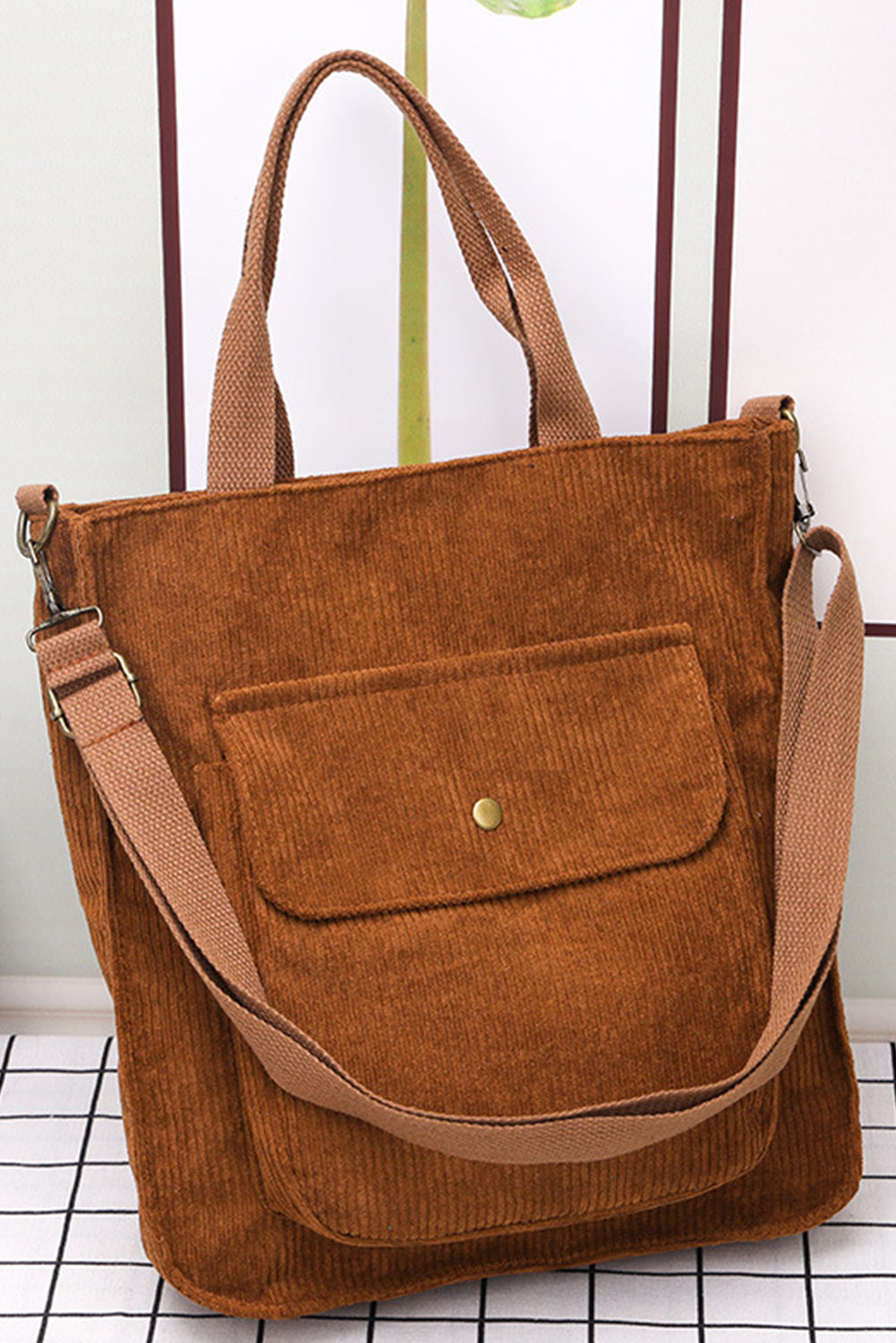 Chestnut Detachable Shoulder Strap Versatile Corduroy Tote Bag