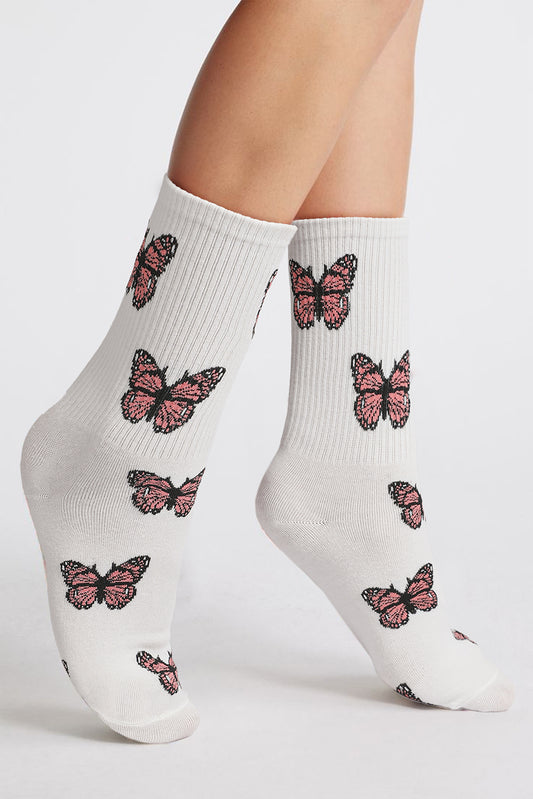 White Allover Butterfly Print Crew Socks for Women and Men