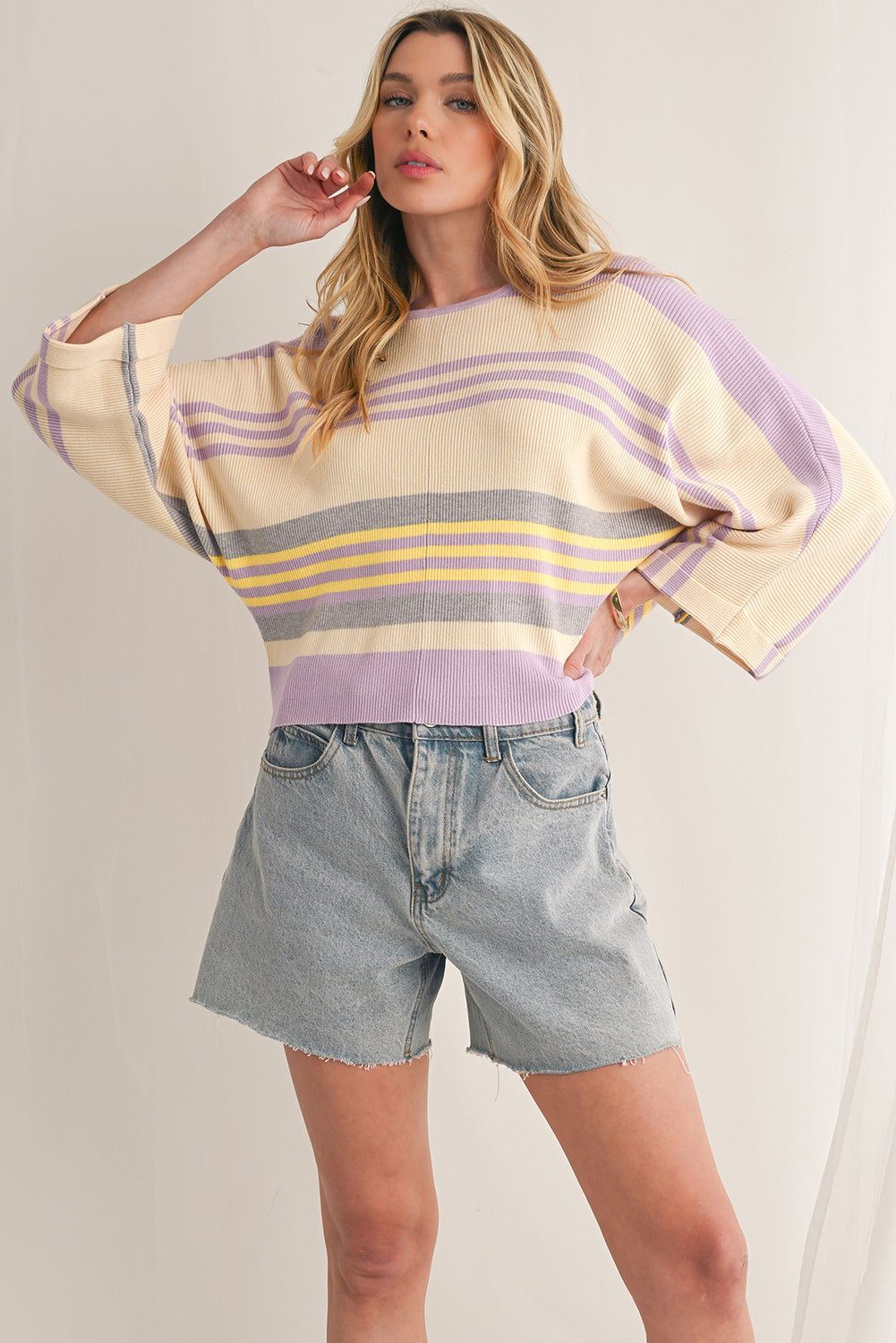 Purple Striped Rib-Knit Cropped Top