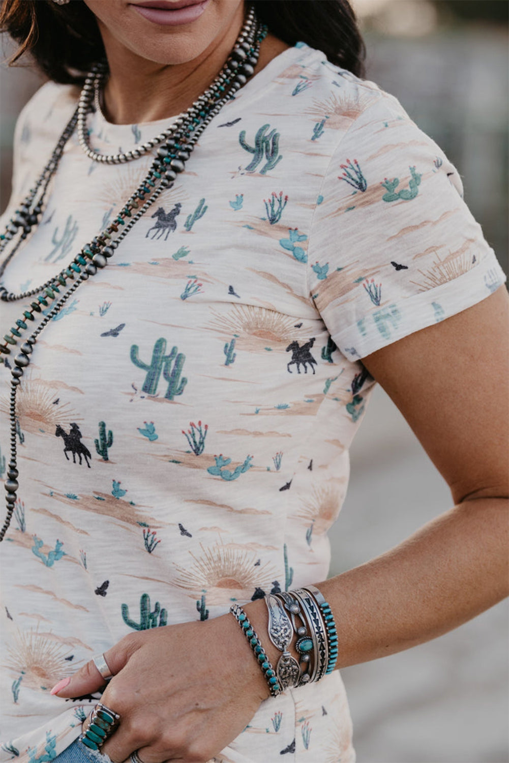 Beige Western Cactus Graphic Crew Neck Tee