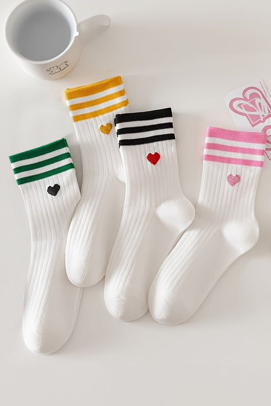 White Heart Striped Cotton Crew Socks 4pcs Set for Comfort