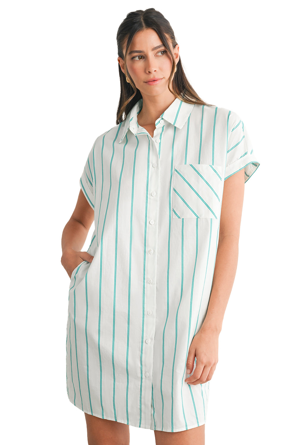 Mint Green Striped Pocket Short Sleeve Mini Dress