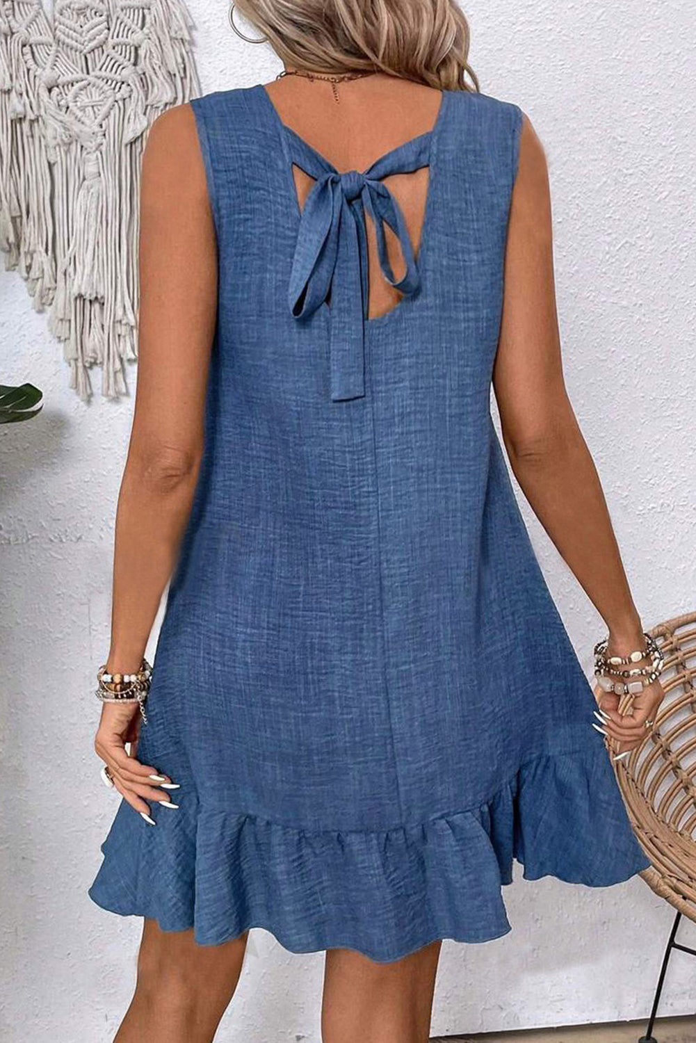 Azure Sleeveless Knot-Back Ruffle Hem Mini Dress