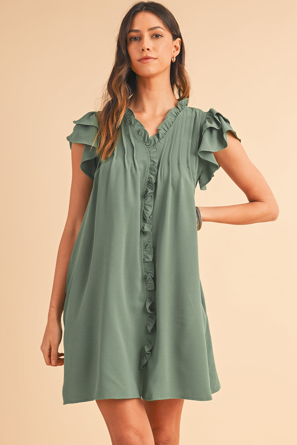 Soft Mist Green Ruffled Sleeve V-Neck Mini Dress with Pockets