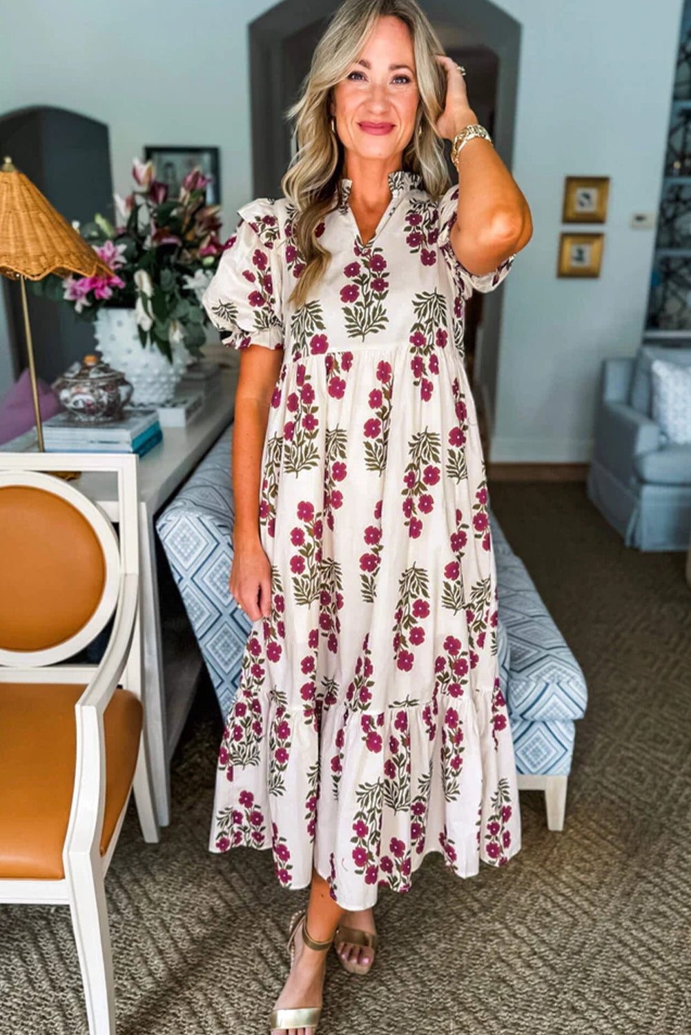 Beige Floral Short Bubble Sleeve Tiered Maxi Dress