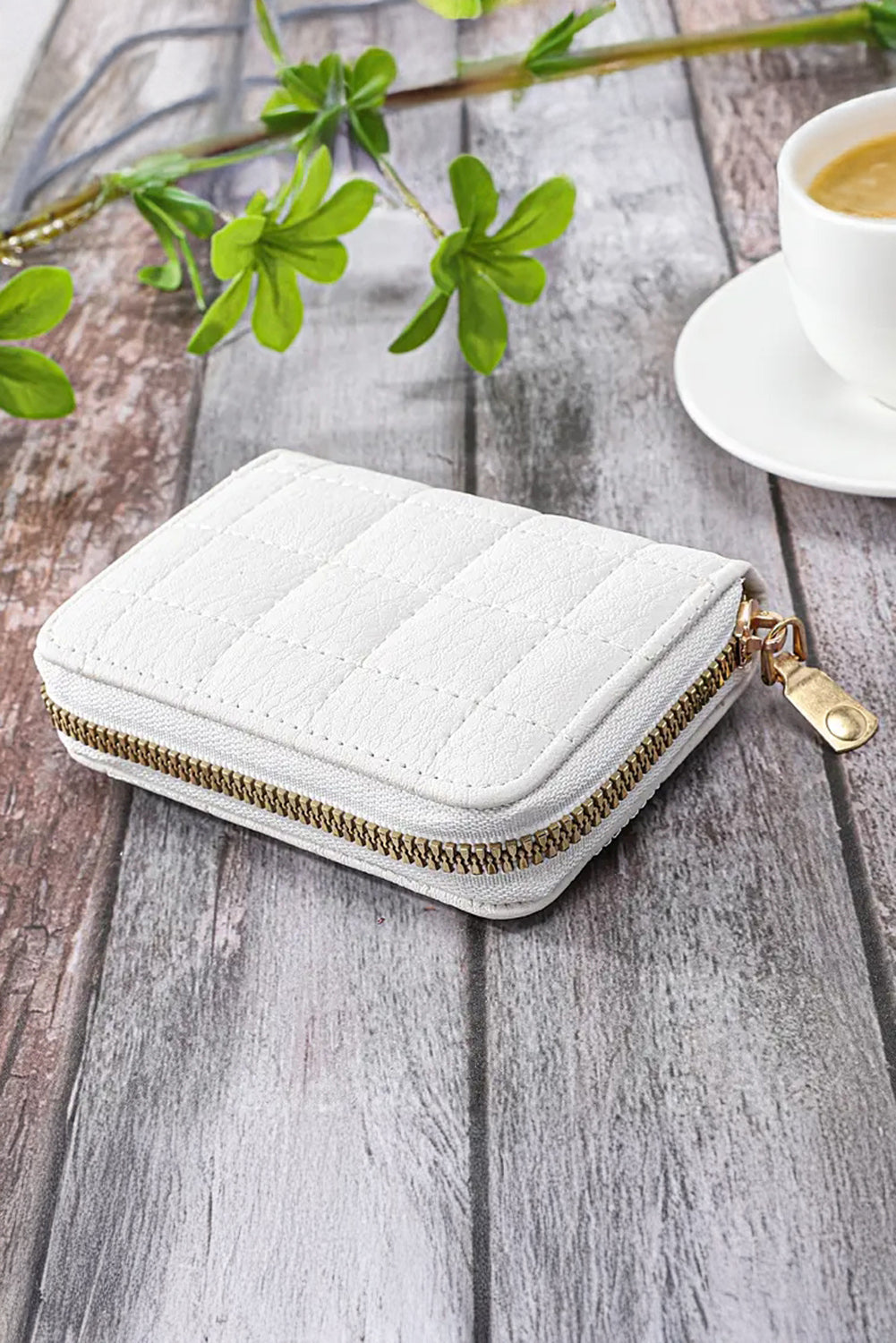 White Quilted Zip Around Card Holder Case